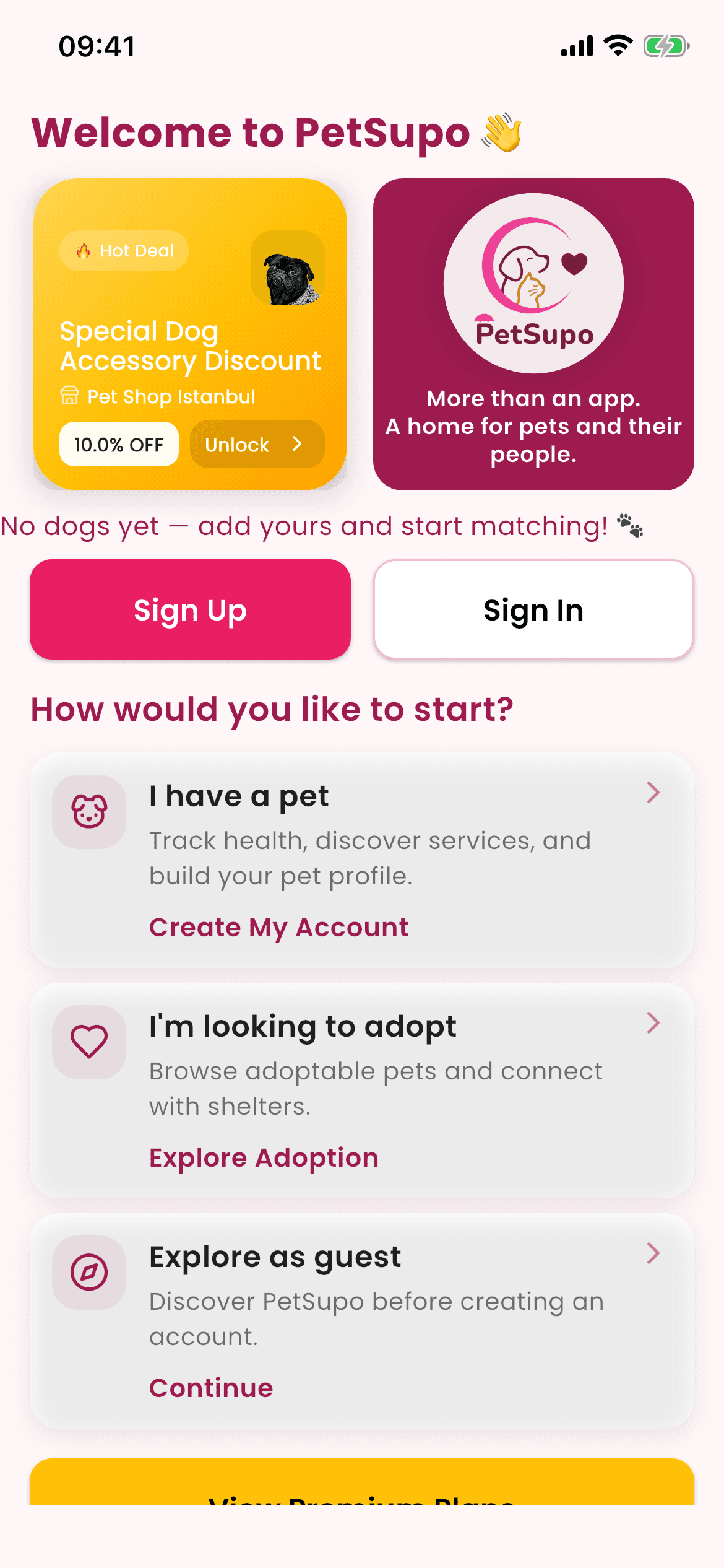 Petsupo uygulama karşılama ekranı